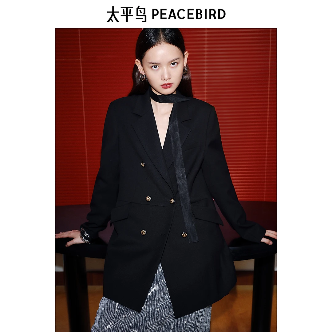 太平鸟黑金西装高阶感西装廓形外套25春新款飘带可拆卸AABAF1149