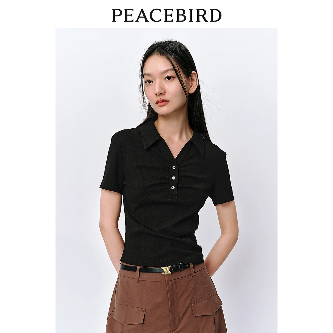 【赵老板专属】太平鸟夏季翻领褶皱针织衫POLO领短袖修身A8CNE2150