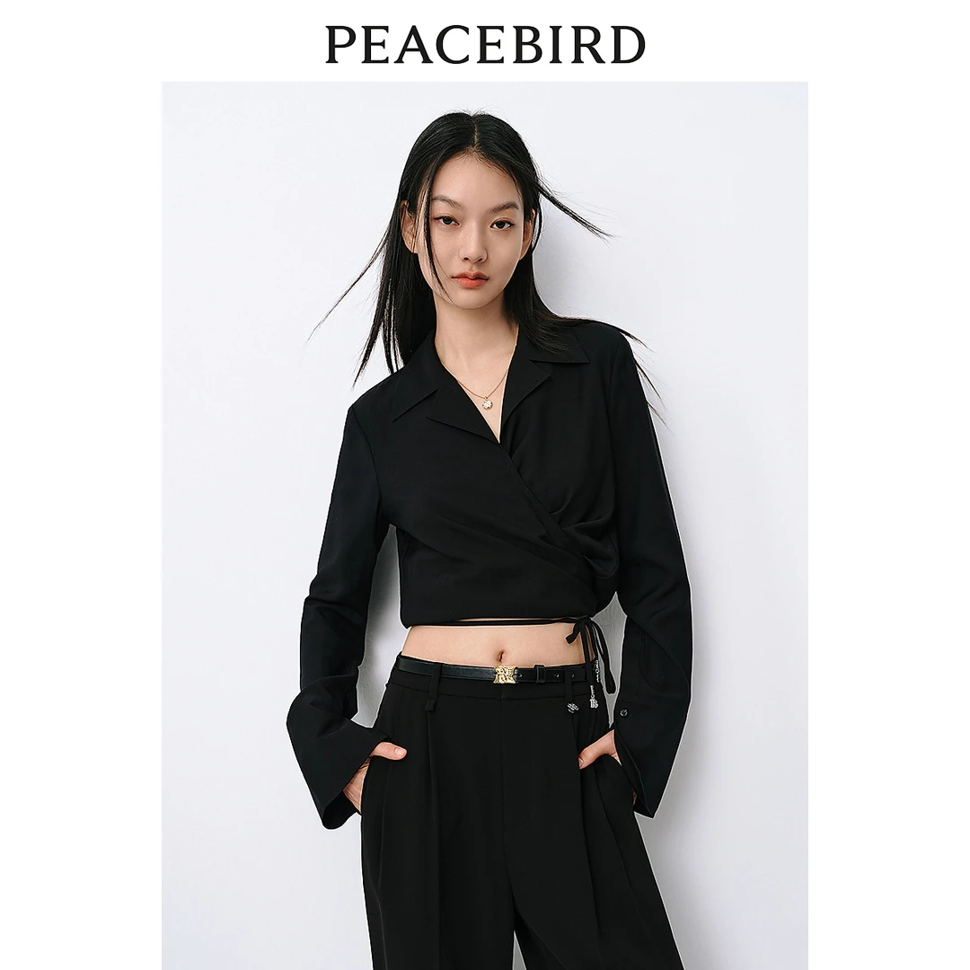 【小余专属】太平鸟新款莱赛尔醋酸绑带V领衬衫女士A8CAE2A01