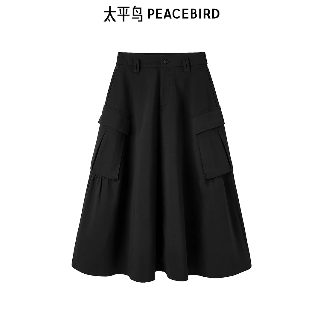 【小余专属】太平鸟2024年冬季新款工装口袋褶皱长裙A3GFD4466