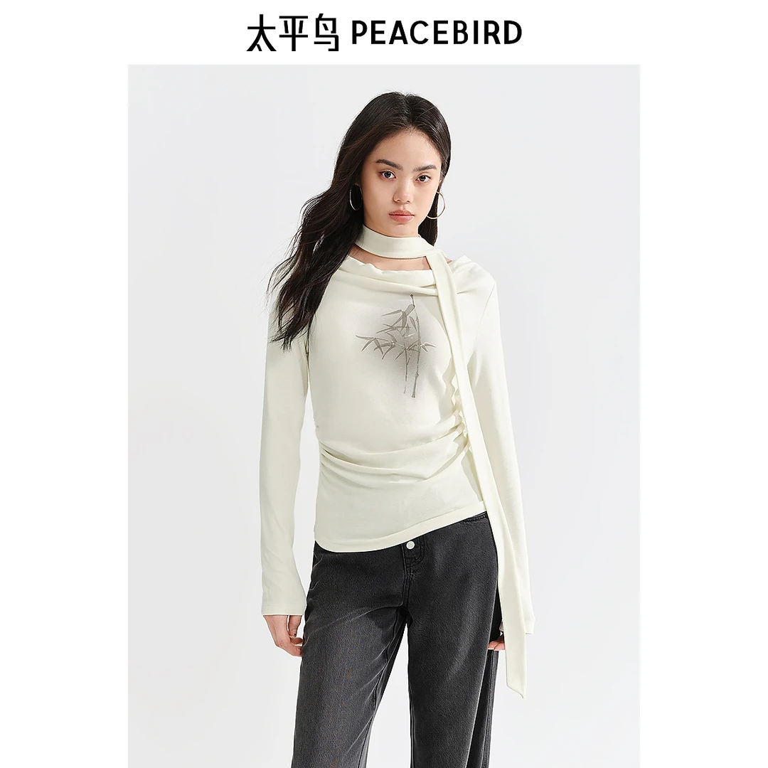 【赵老板专属】太平鸟竹韵系带国风T恤女长袖2024秋新款A7CPE3414