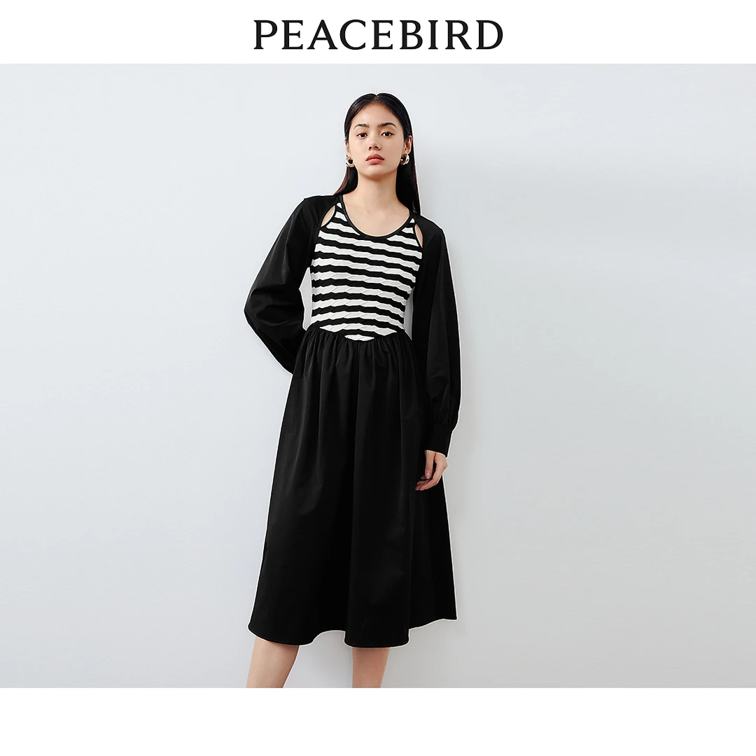 【赵老板专属】太平鸟拼接撞色条纹假两件连衣裙收腰A7FAD1110