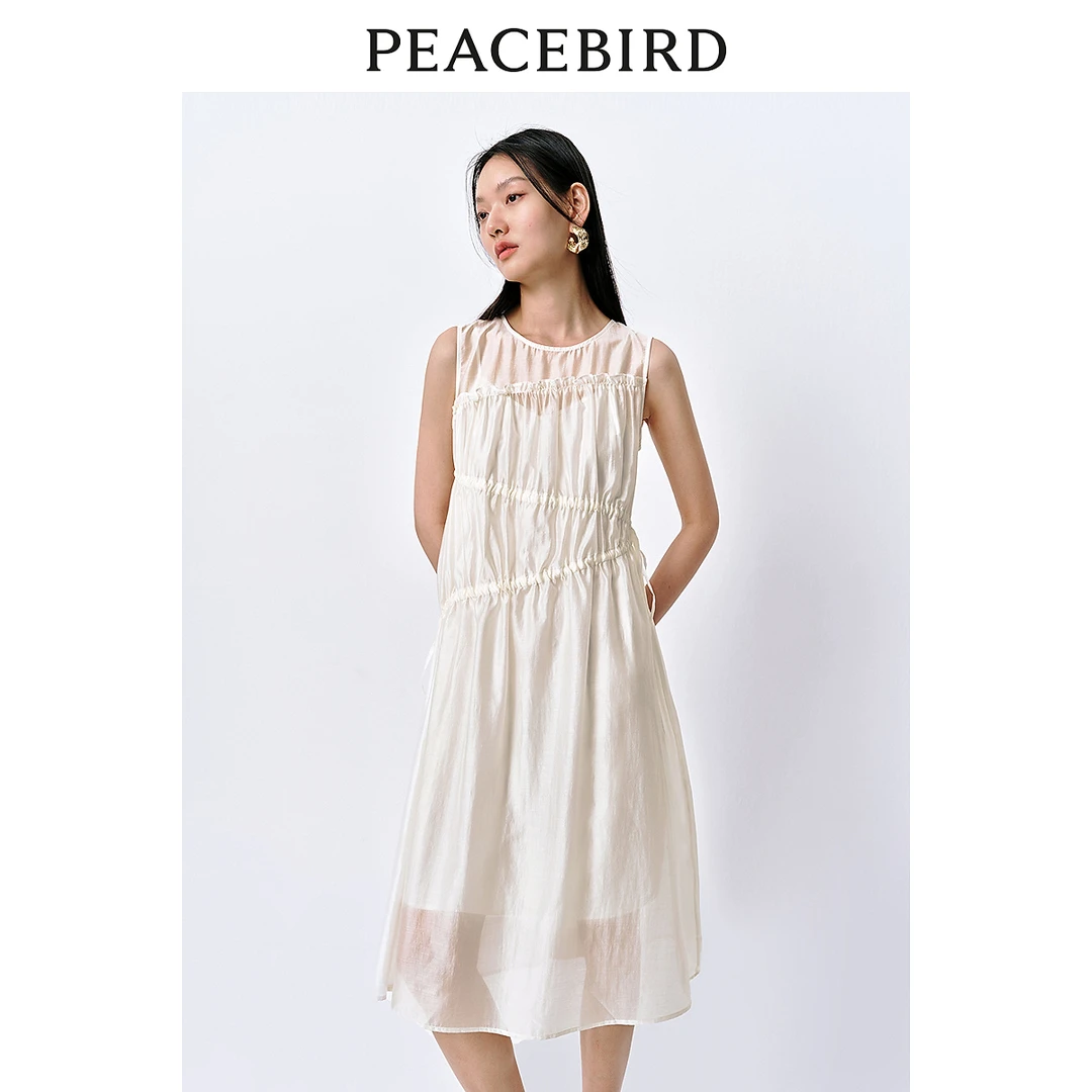 【赵老板专属】太平鸟莱赛尔抽褶无袖连衣裙高级长裙A8FAE2106