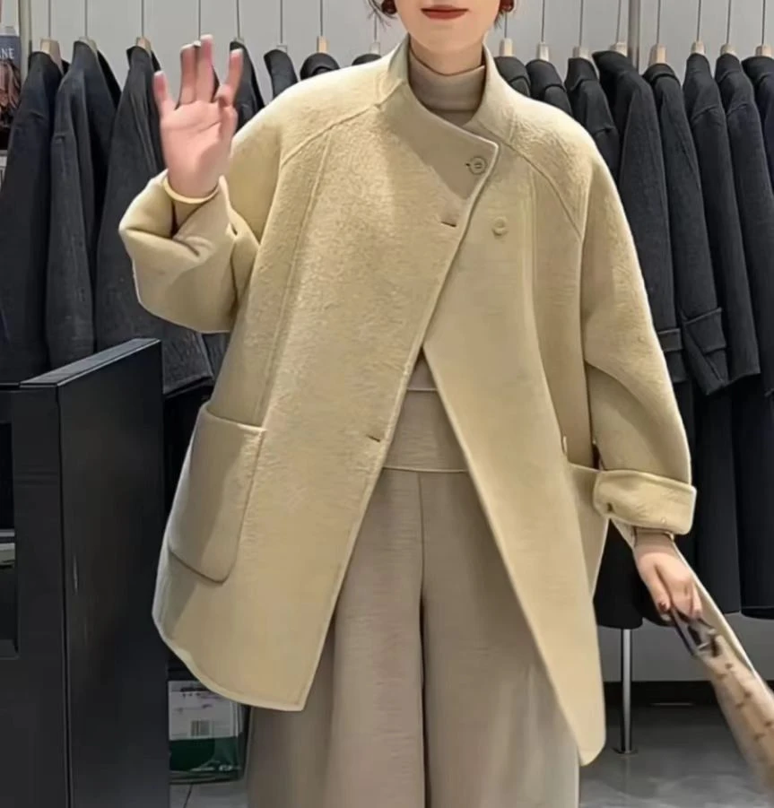 【小泡芙】新款韩版立领长款羊毛女士大衣时尚气质休闲秋冬百搭