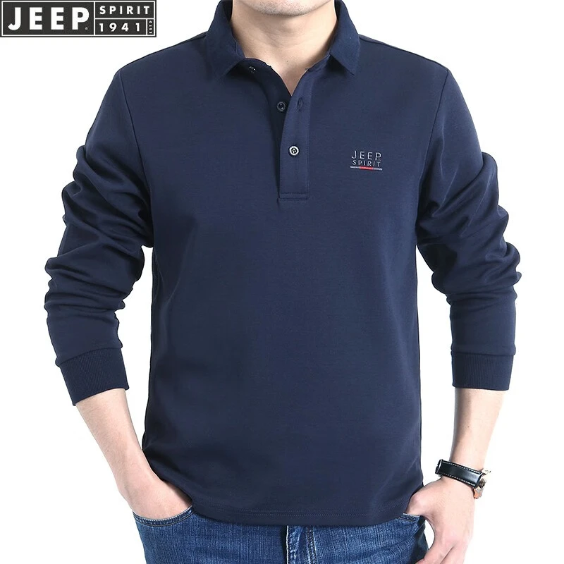 JEEP吉普长袖T恤男POLO衫男士大码翻领中年商务休闲纯色男装上衣