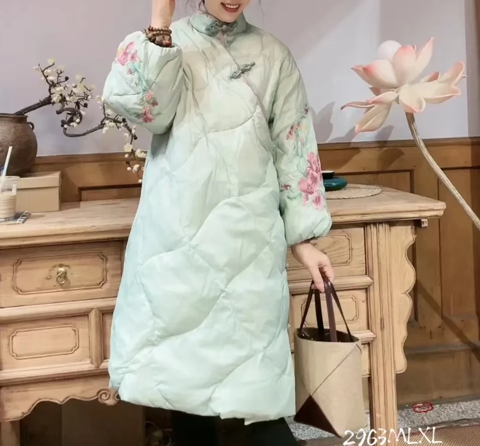 新中式女装唐装羽服中长款修身外套盘扣刺绣旗袍风