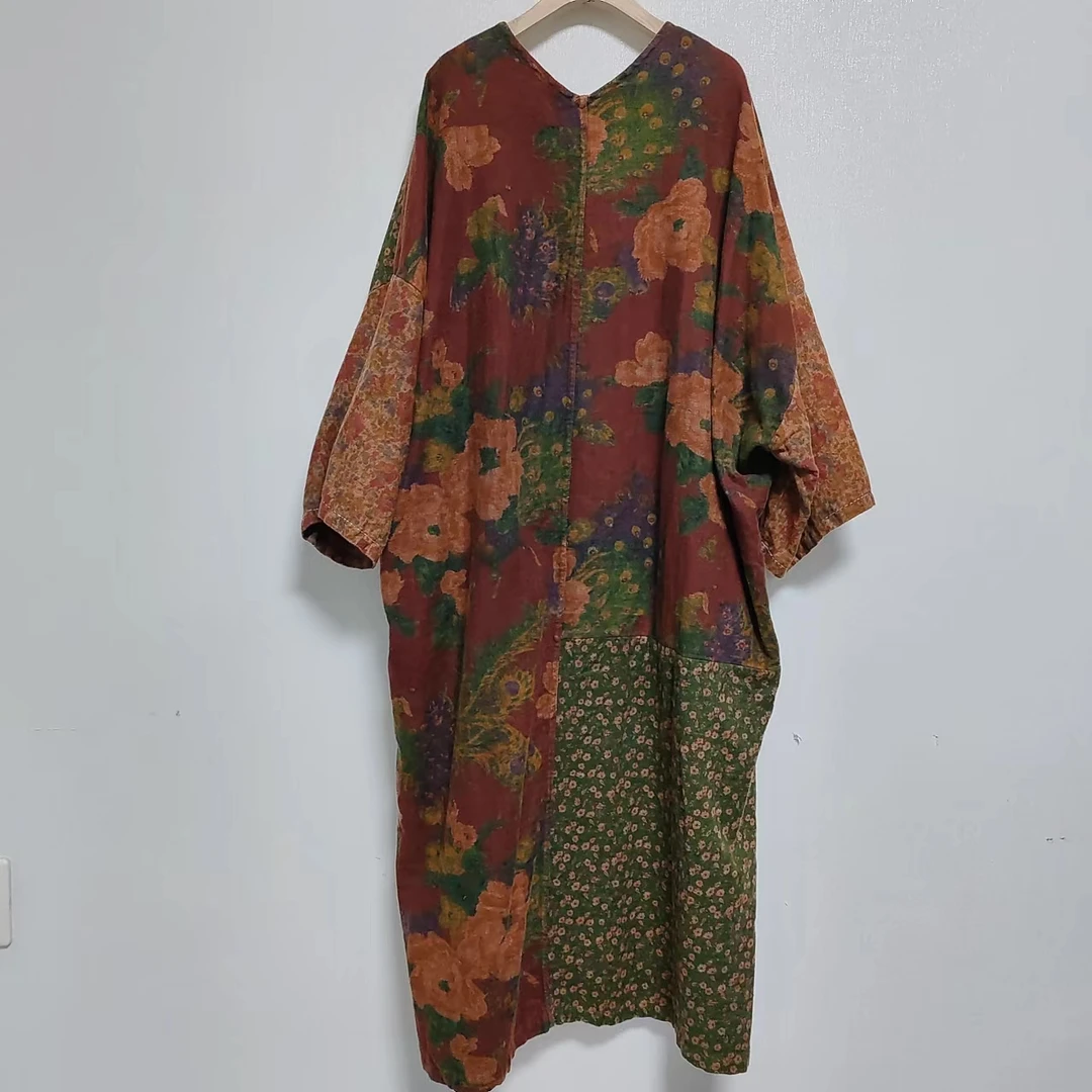 静一棉麻【风岫】#2410707 亚麻多拼多手工V领袍子