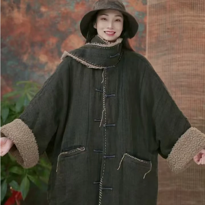 静一分享【山月】#240905亚麻色织围脖盘大码棉服女款爆款2025新款