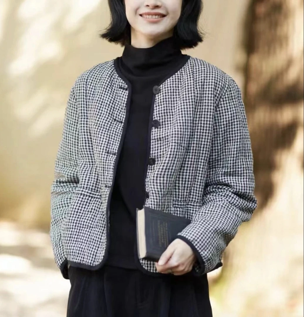 【悦兮】冬季新款文艺百搭休闲洋气气质显瘦夹棉格纹女外套80102