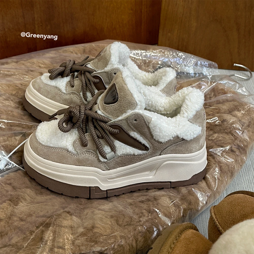 老羊家~时尚休闲鞋女厚底毛绒绒运动板鞋ins秋冬2023韩版系带板鞋