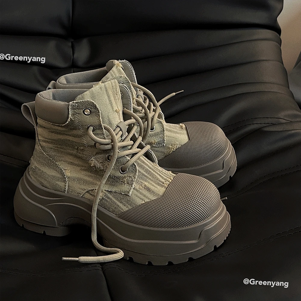 老羊家~马丁靴女薄款春秋单靴厚底增高休闲牛仔布短靴工装机车靴