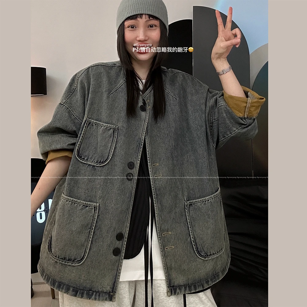 老羊家~新款韩版宽松慵懒风外套显瘦遮肉大码港风复古牛仔坎肩女