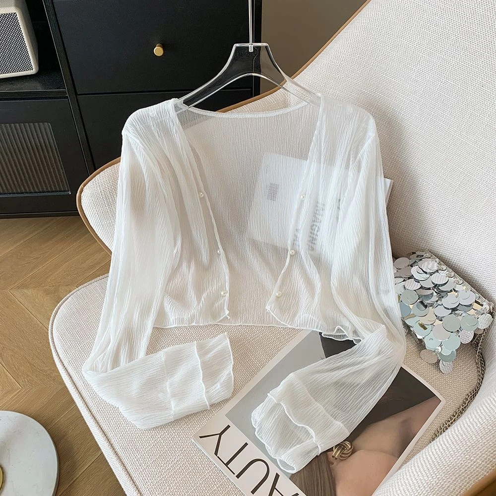 冰丝针织防晒开衫小坎肩女夏季薄款白色雪纺甜辣短款上衣外搭罩衫