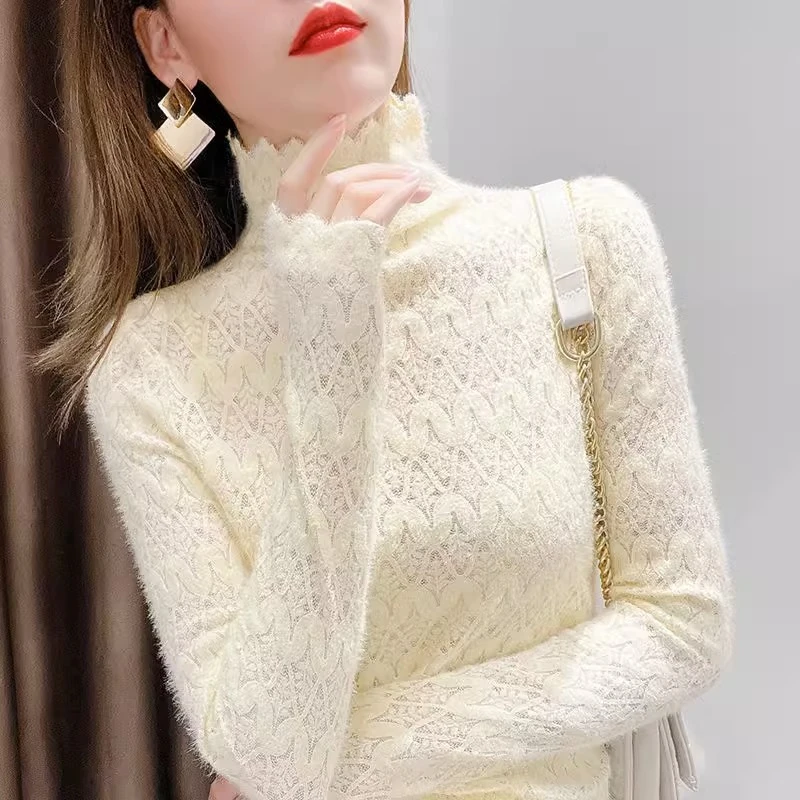 加绒白色高领蕾丝打底衫女秋冬毛衣内搭洋气磨毛加厚保暖网纱上衣