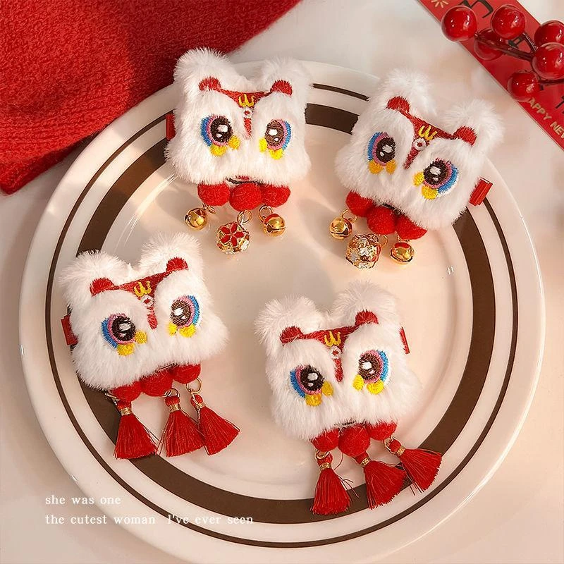 秋冬文艺新款国潮醒狮流苏发夹女孩可爱鸭嘴侧边发饰国风发卡头饰