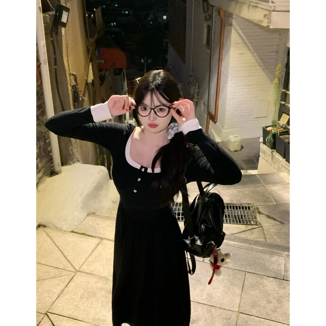 MengFairy清清【少女手记】气质显瘦连衣裙女韩系撞色刺绣长裙3389M