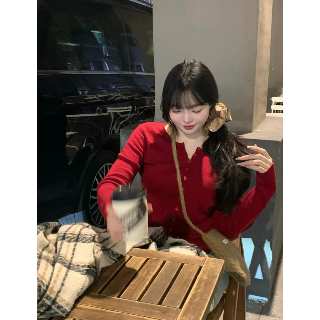 MengFairy现现【本命上衣】红色开衫圆领针织衫开衫显瘦上衣 3815