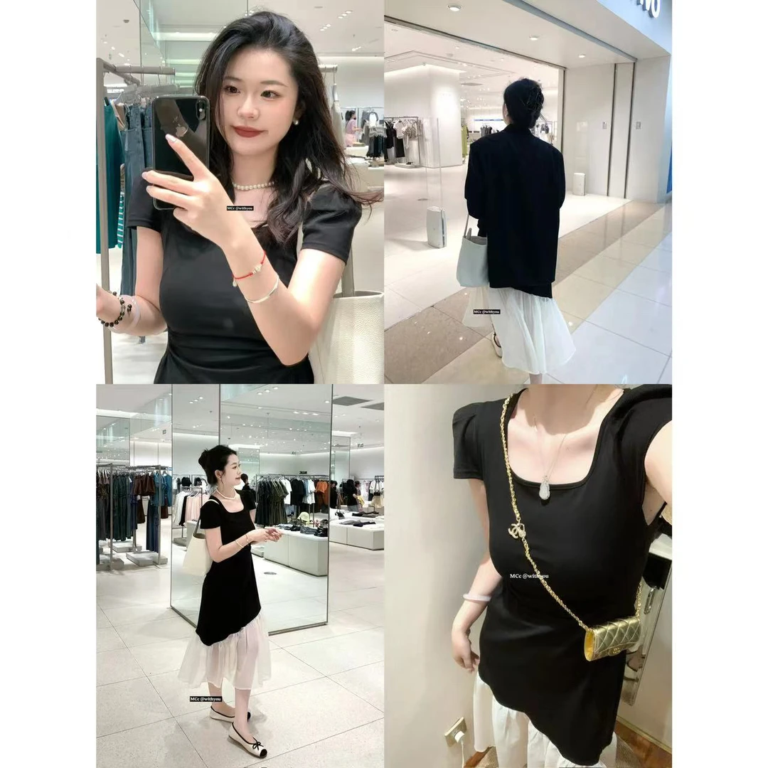 现货链接MCc【改良赫本】短袖拼接纱纱裙！质感收腰弹力连衣裙#1682