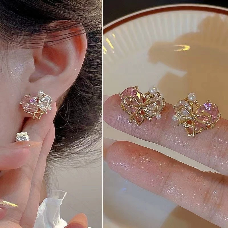 铜合金耳饰 爱心蝴蝶结珠珠耳钉耳环女韩版时尚耳饰N0380