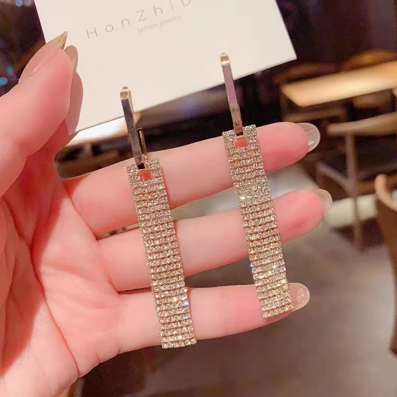 铜合金耳饰 欧美满钻夸张大气长条耳环气质名媛高档长款耳饰N0814