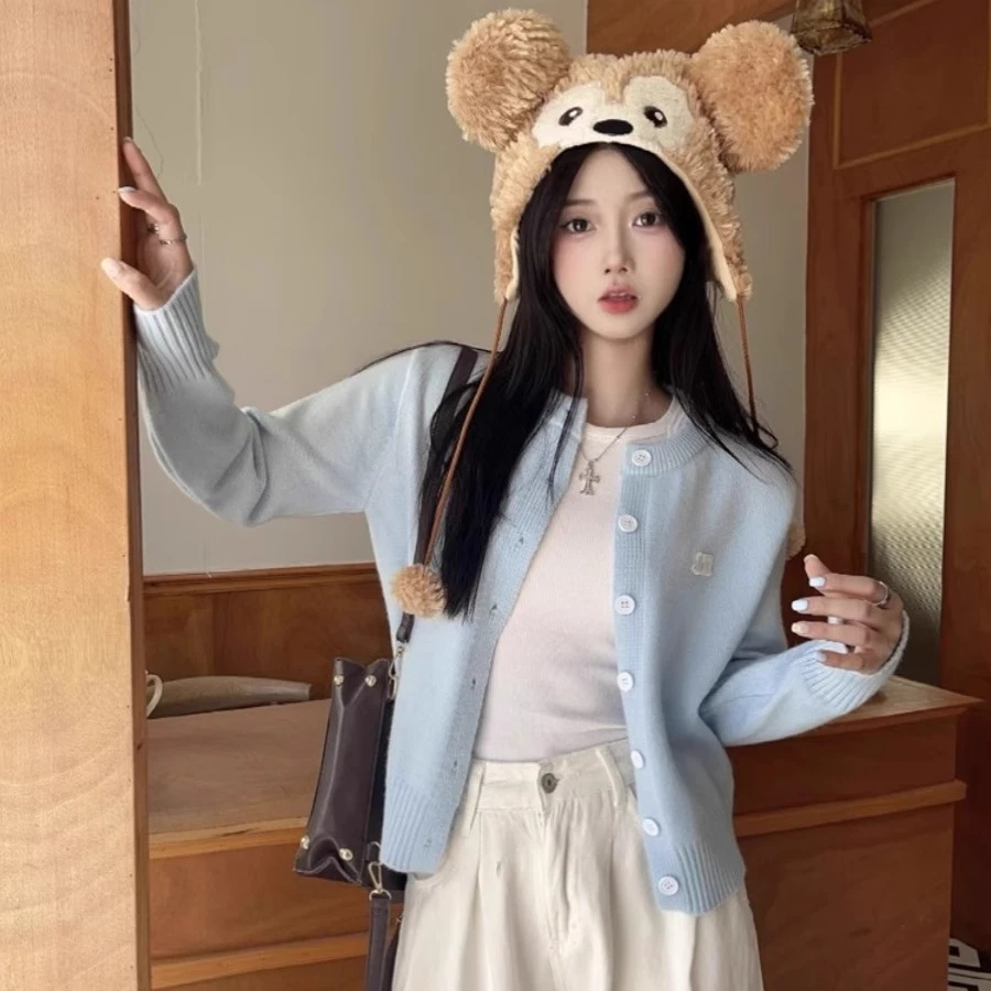 森系浅蓝色针织衫开衫冬季2024新款女装秋冬上衣外搭女士毛衣外套