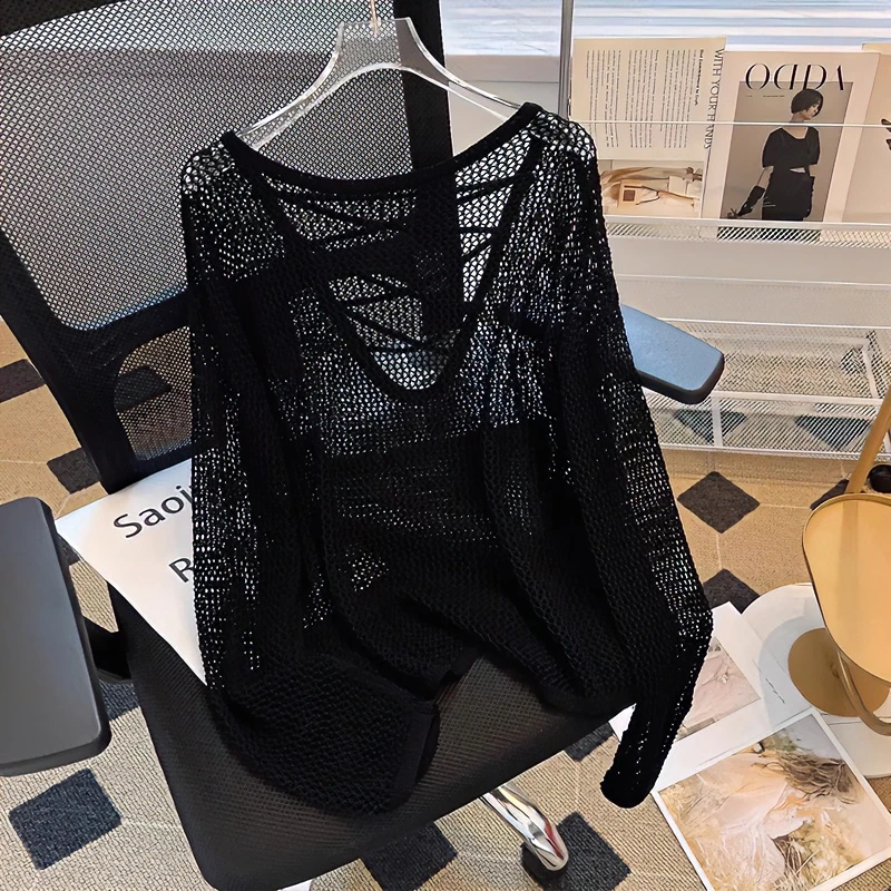 黑色冰丝针织衫女夏季网衫长袖宽松慵懒风防晒罩衫镂空上衣薄