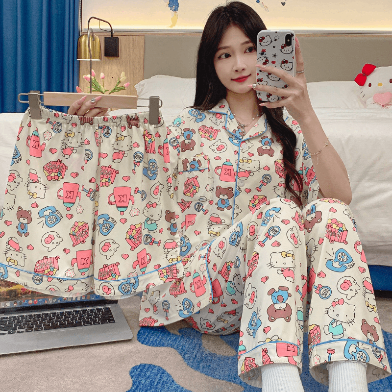 跨境韩系凯蒂猫睡衣夏季甜美少女kitty卡通短袖家居服三件套