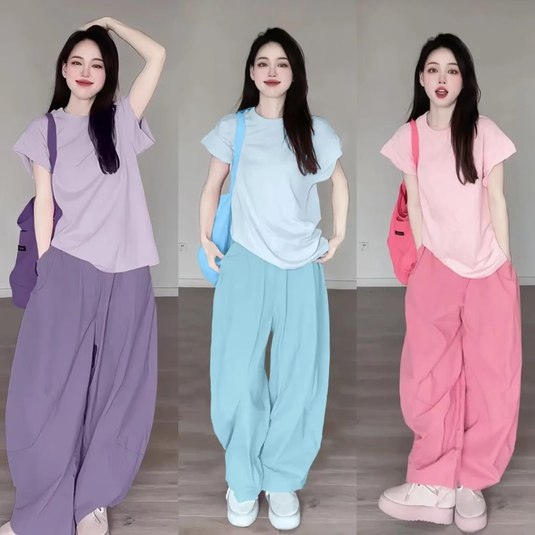 夏日多巴胺一整套t恤阔腿裤两件套慵懒风俏皮减龄酷飒时尚套装女