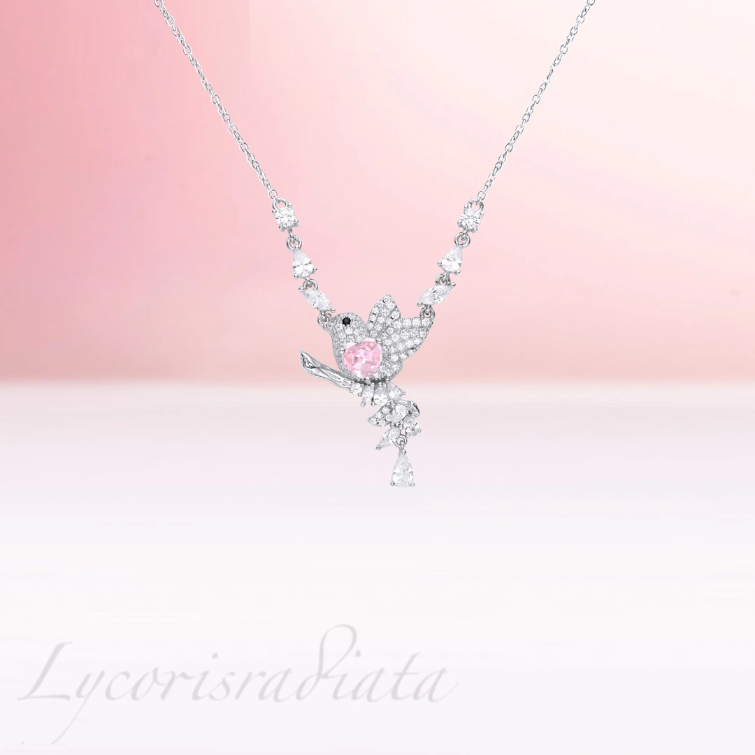 Lycorisradiata 坠链均925银合成锆石 丛林系列花语粉钻小鸟项链