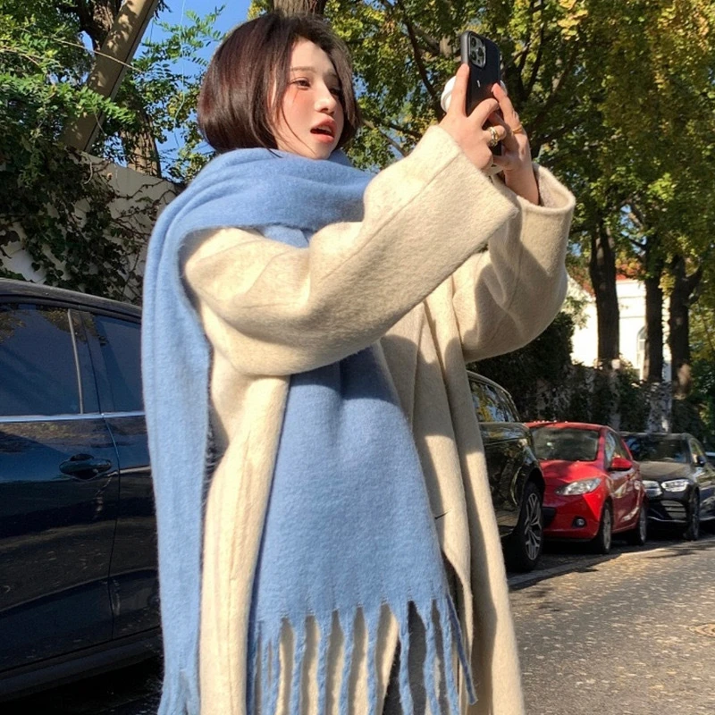 雾霾蓝纯色海马毛围巾女高级感冬季韩版学生百搭保暖加厚流苏围脖