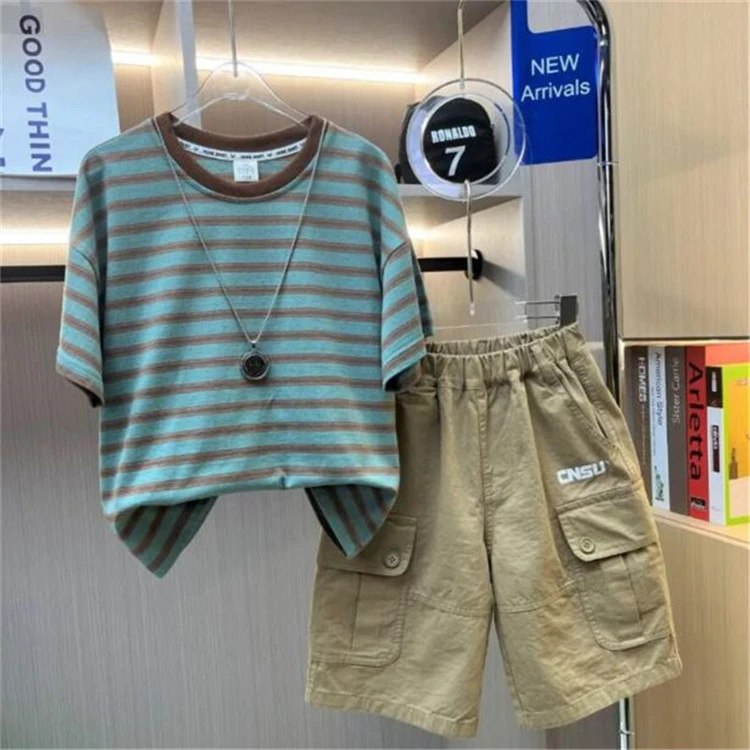 男童套装夏装2022夏季新款帅气时尚中裤潮流七分裤条纹T恤两件套