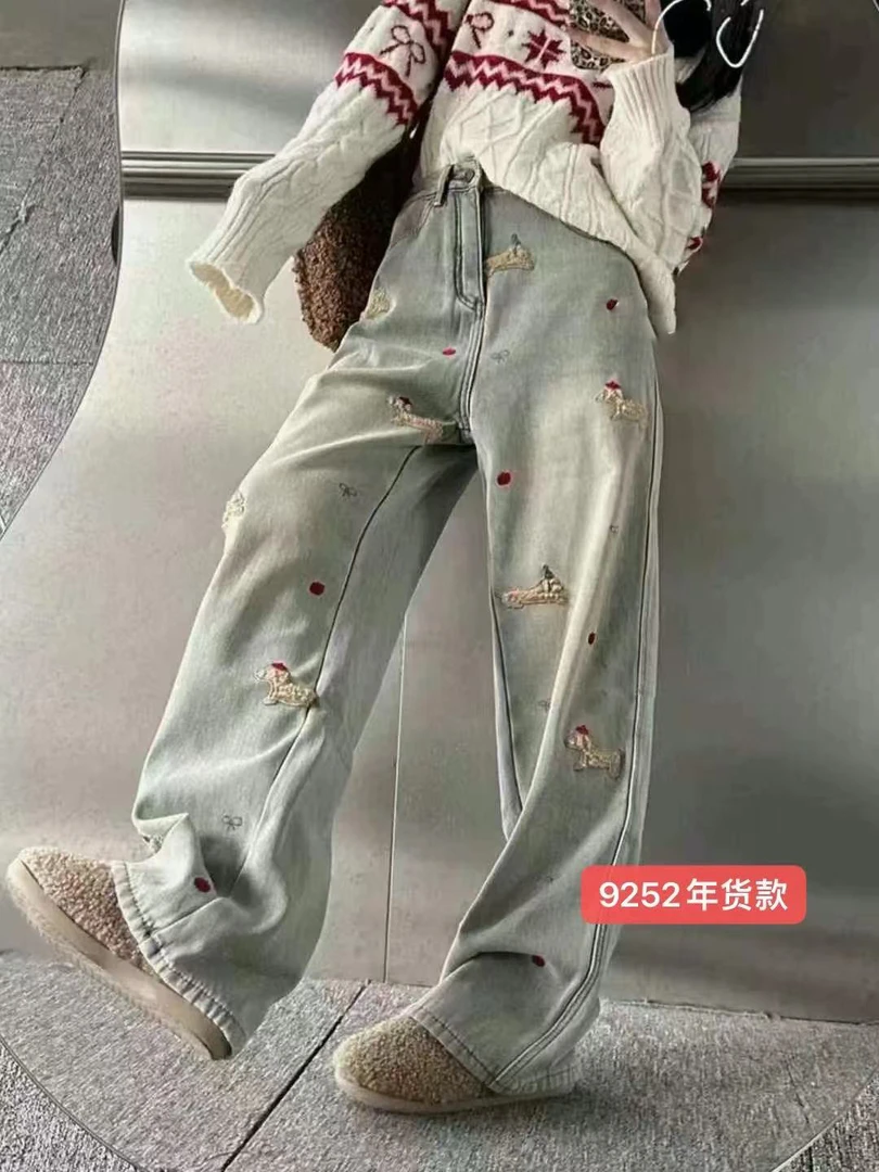 李园家2号店-9252-冬季重磅刺绣工艺复合绒直筒裤