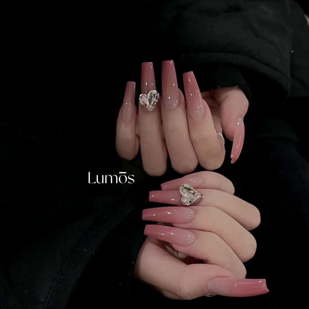 超高级手工穿戴甲渐变蜜桃粉闪钻美甲中长款显白甜妹假指甲学生甲