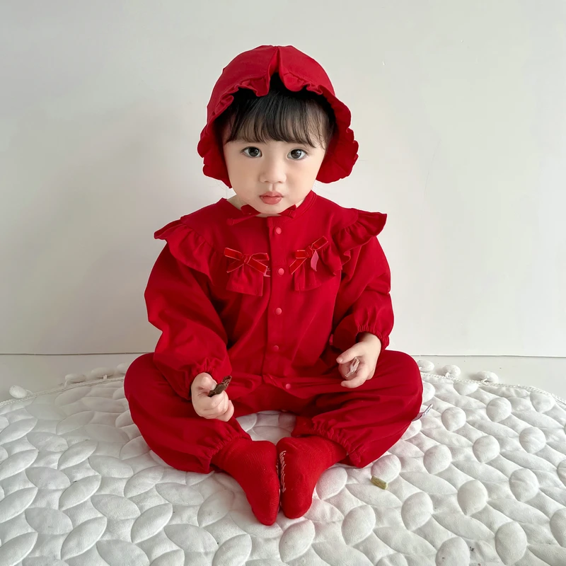 新生婴儿衣服秋装满月百天女宝宝连体衣红色周岁礼服春秋外出哈衣