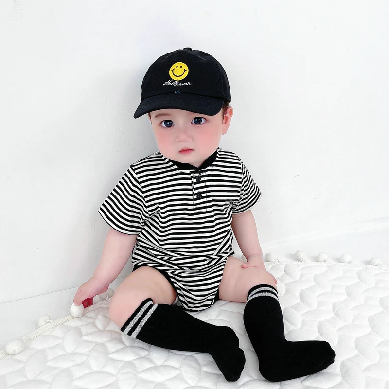 男宝宝夏装连体衣短袖纯棉三角爬服新生儿夏季衣服婴儿条纹包屁衣