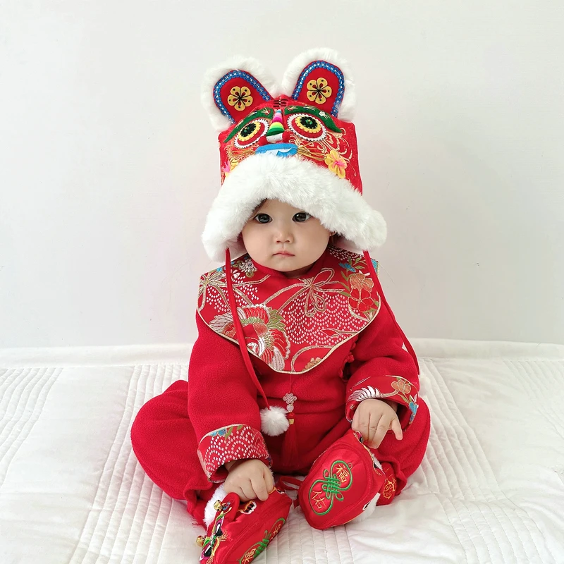 婴儿连体衣秋冬装0-1岁宝宝抓周满月服中国风加绒新生儿哈衣爬服