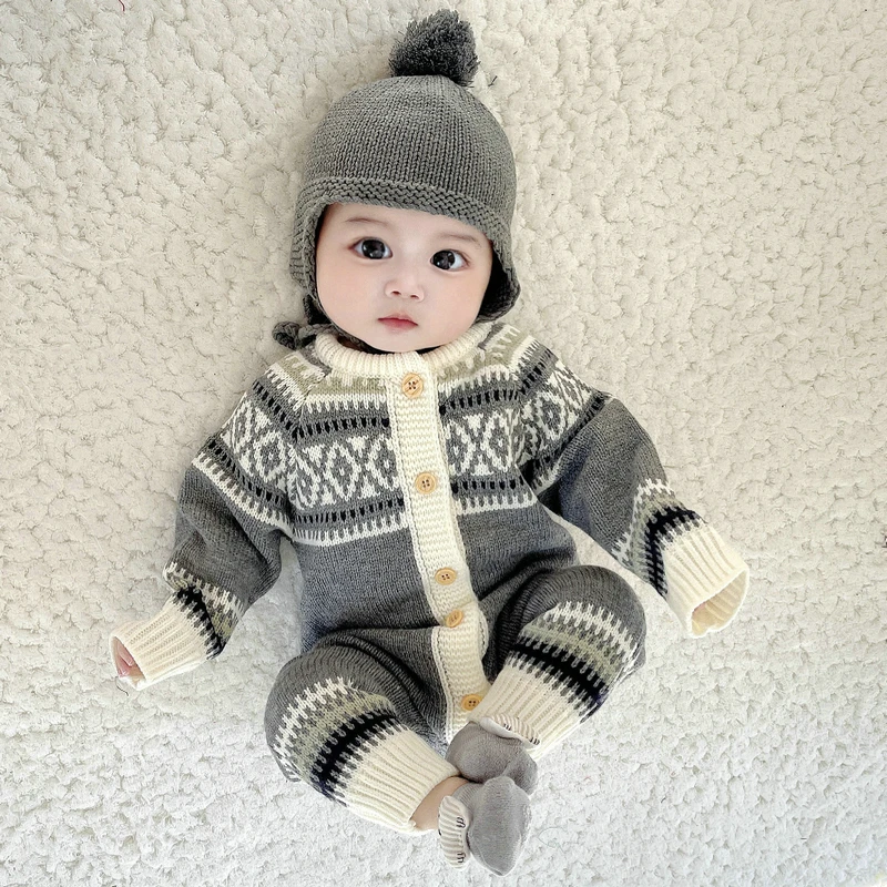 秋冬新款新生宝宝婴幼儿春装爬服圣诞风长爬连体哈衣爬服带帽套装