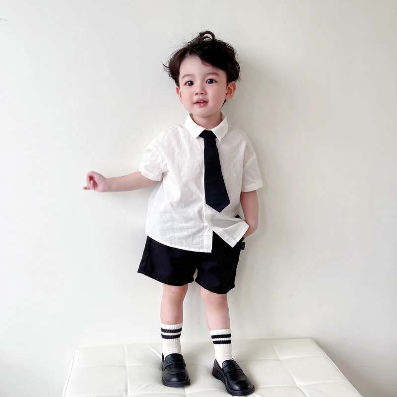 男儿童套装夏季童装帅气男宝宝生日花童毕业礼服短袖衬衫短裤两件
