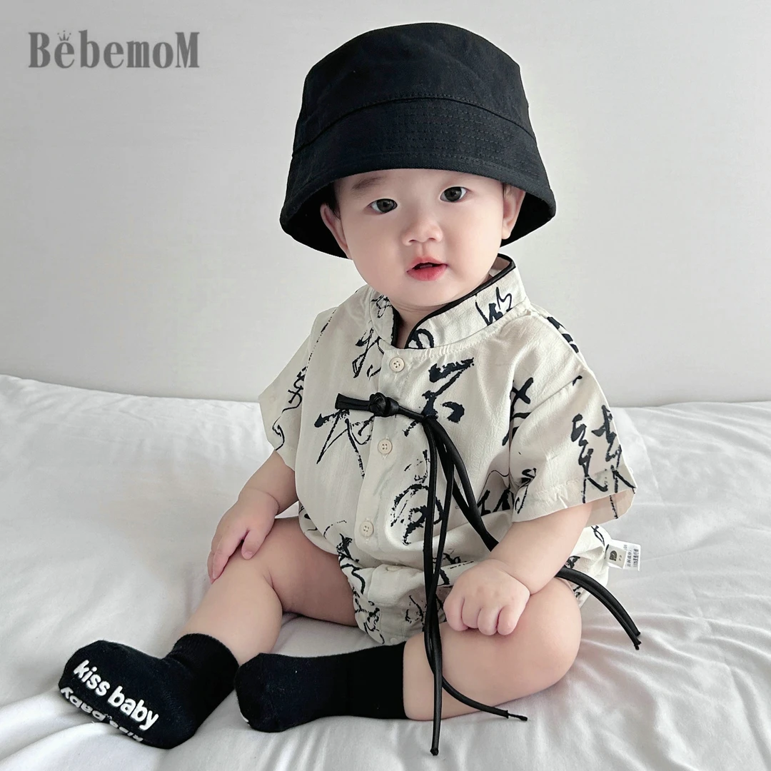 古风婴儿衣服唐汉服国潮盘扣短袖连体衣男宝夏季薄款外出服包屁衣