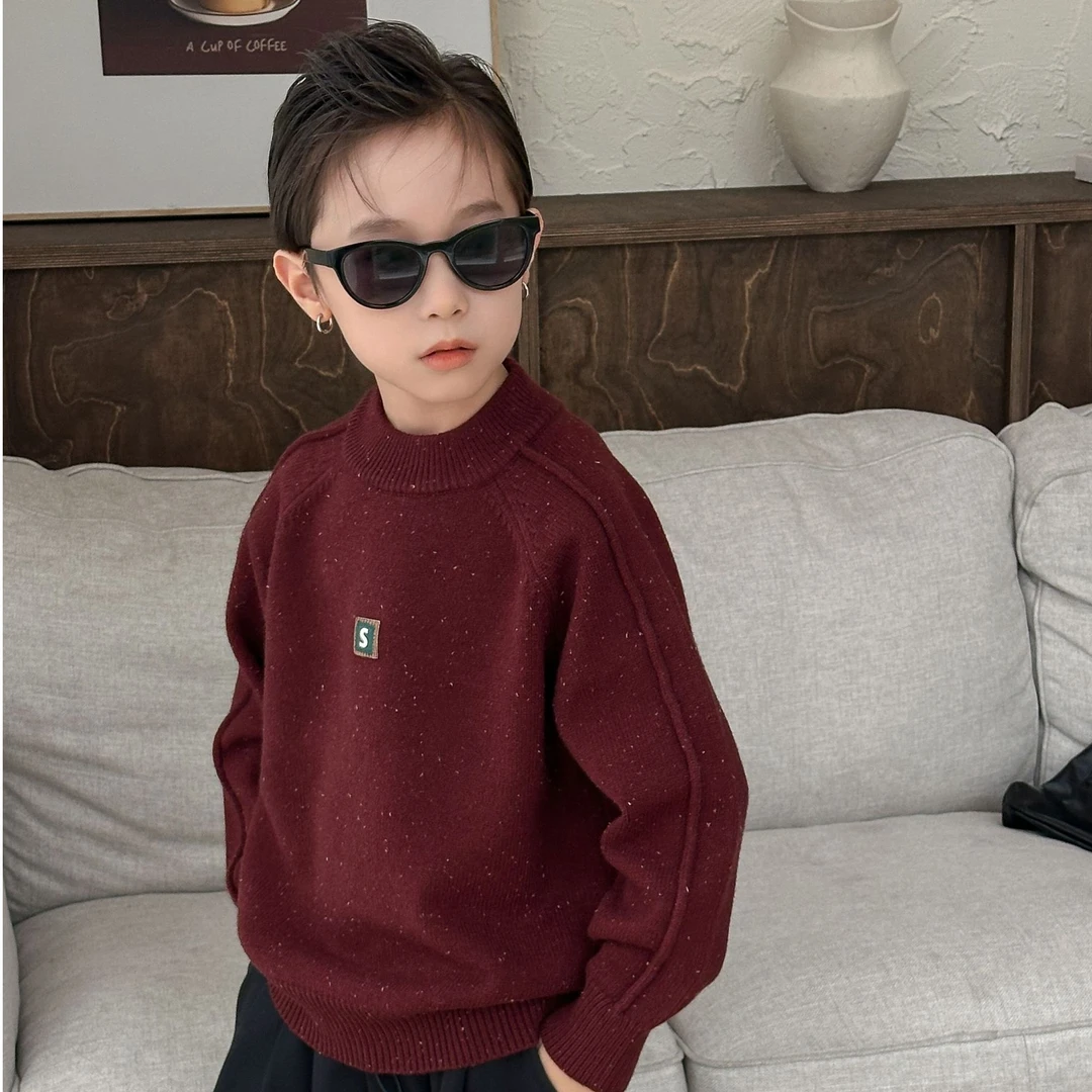 【儿童冬季保暖加绒加厚毛衣】羊羔阳针织S标彩点潮童套头针织圆领