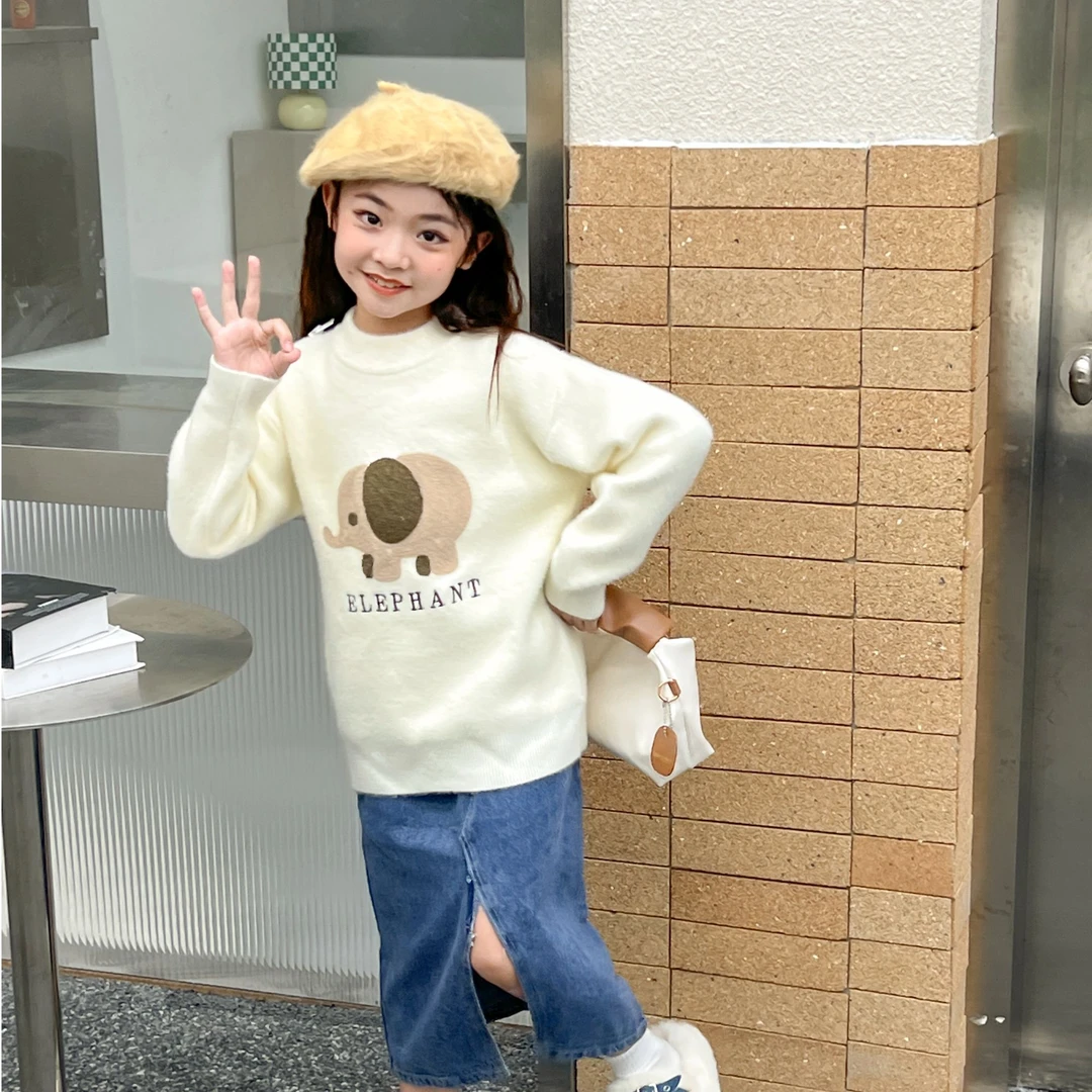 女童冬季时尚保暖水貂毛可爱小象针织中大童新款羊羔阳Sheep