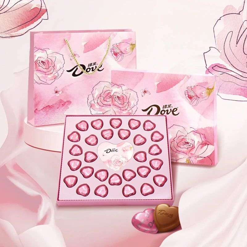 德芙【38女神节礼】心语巧克力28粒粉黛玫瑰礼盒装配手提袋纯可可