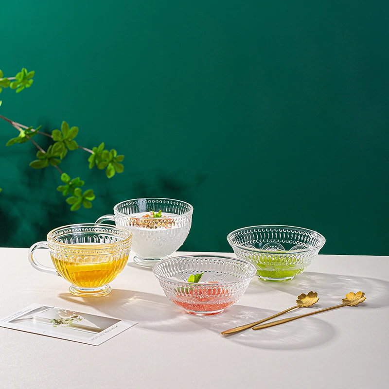 六件套北欧ins风复古透明玻璃锤纹圆形太阳花杯餐杯2杯+2碗+2勺