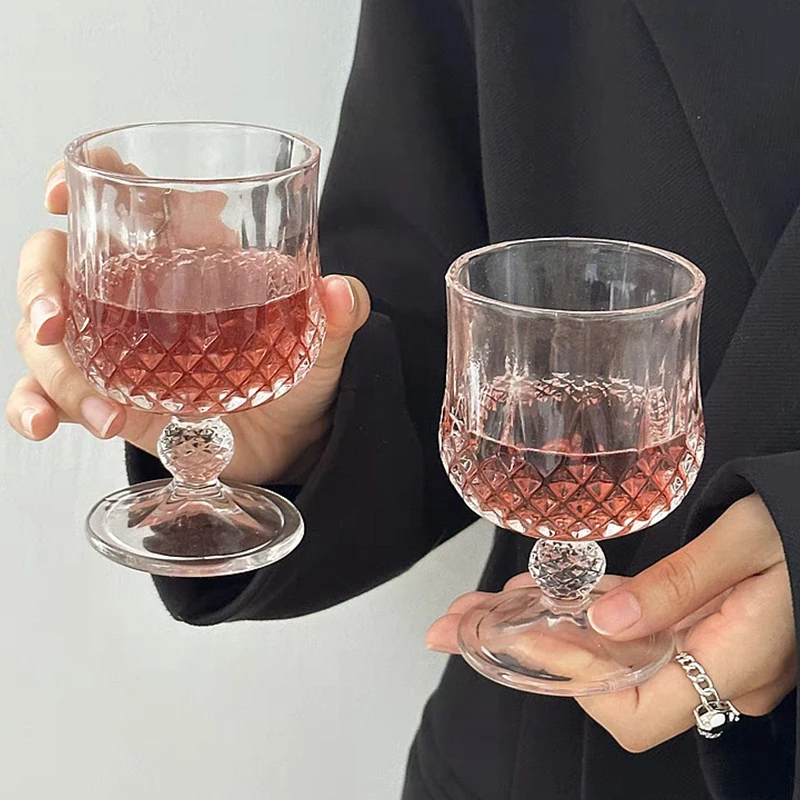 新款微醺ins风透明钻石纹玻璃杯红酒杯高脚杯鸡尾酒杯果汁杯