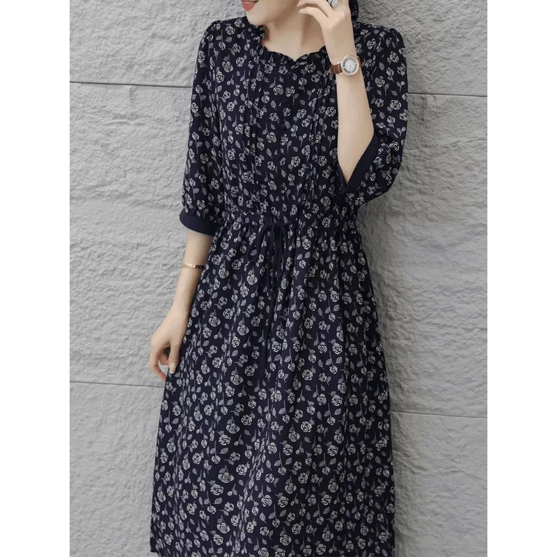 小玫瑰长袖 时尚休闲夏季法式收腰女装系带气质百搭连衣裙