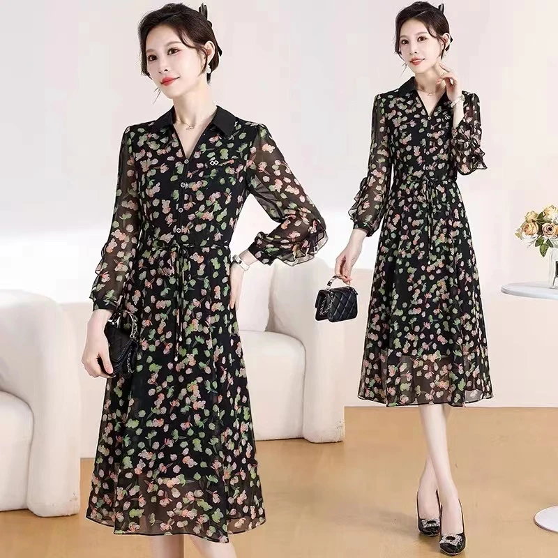 【爱奢】出水芙蓉绿点连衣裙收腰休闲系带长裙时尚长袖印花0011