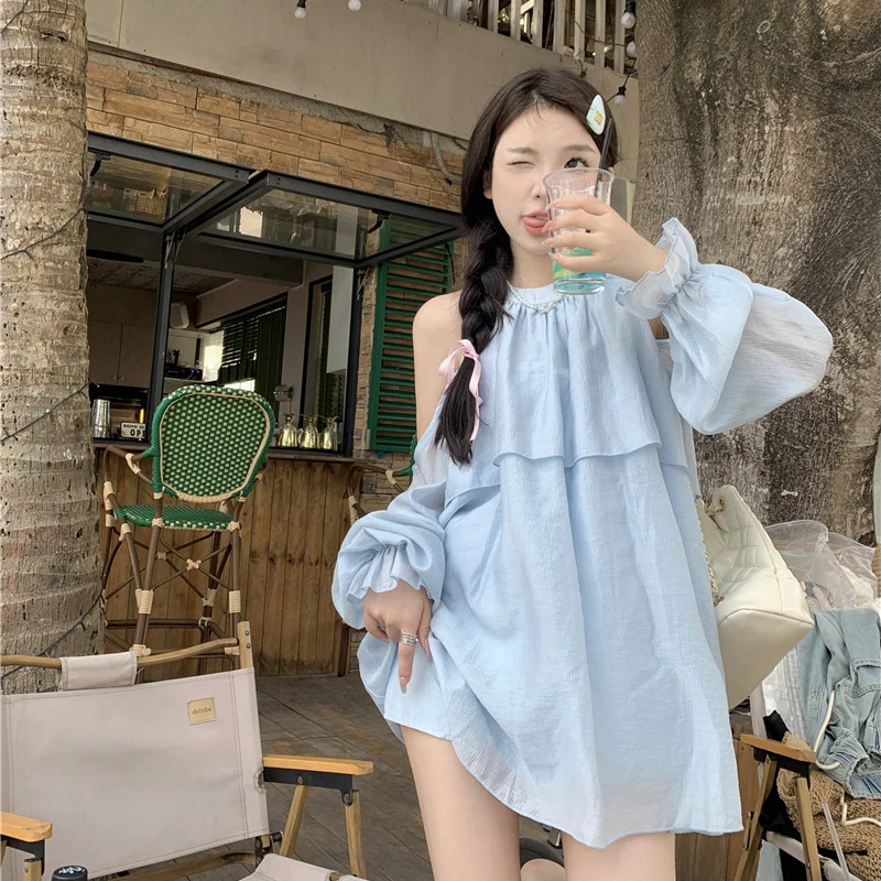 2024夏季装系穿搭套装女露肩长袖连衣裙夏季高腰休闲短裤子两件套