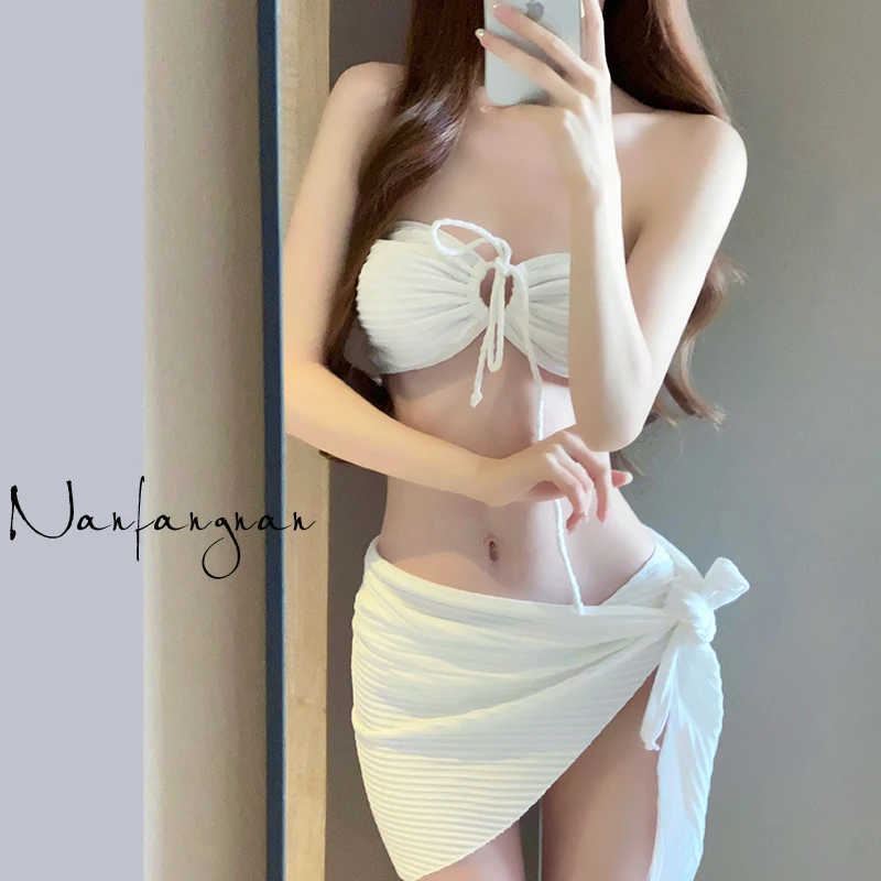 泳衣女款三件套2023新款泡温泉性感显瘦打胸小胸白色聚拢比基尼