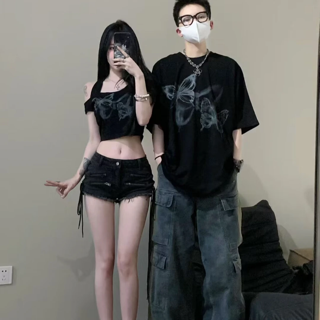 不一样的情侣装辣妹纯欲装短袖2025新款设计感高级黑色上衣t恤潮