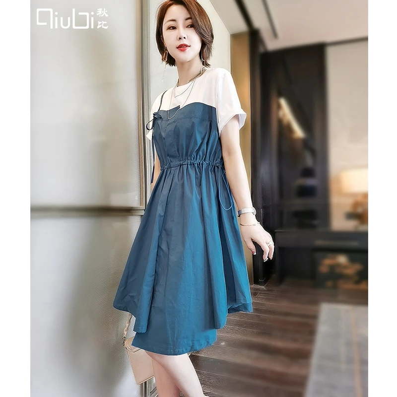 假两件拼接T恤连衣裙女短袖夏季不规则设计感收腰a字裙潮21042629